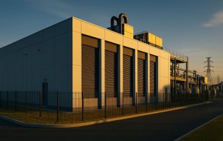 Lonjakan pusat data Bekasi menampilkan gedung modern berarsitektur industri dengan sistem pendingin dan infrastruktur daya yang canggih di bawah pencahayaan senja lembut.