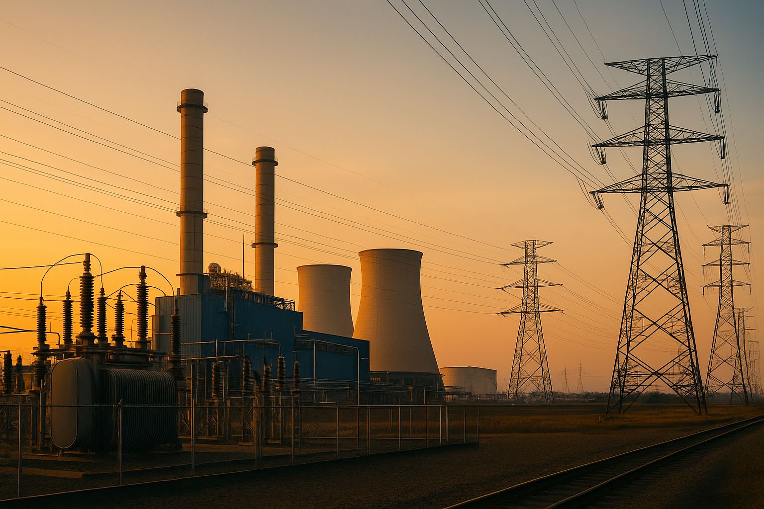 Pemandangan pembangkit listrik dan jaringan transmisi di Indonesia pada senja hari yang melambangkan rencana listrik nasional RUPTL dan arah pengembangan energi terbarukan.