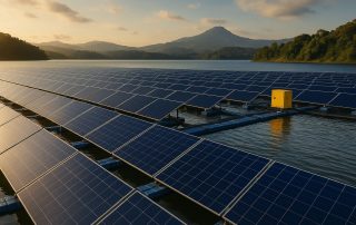 Pemandangan PLTS terapung Saguling di Jawa Barat dengan panel surya modern di atas permukaan air tenang berlatar pegunungan, menampilkan teknologi energi bersih Indonesia.