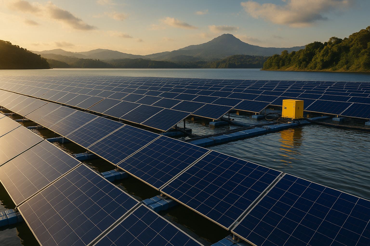 Pemandangan PLTS terapung Saguling di Jawa Barat dengan panel surya modern di atas permukaan air tenang berlatar pegunungan, menampilkan teknologi energi bersih Indonesia.