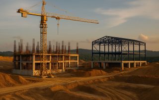 Proyek fase kedua pembangunan IKN dengan struktur baja dan derek menara di bawah cahaya lembut sore hari, menggambarkan kemajuan konstruksi dan pengelolaan proyek di ibu kota baru Indonesia.