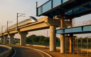 Infrastruktur rel cepat KCJB di Jawa Barat dengan konstruksi jembatan dan jalur layang modern yang menggambarkan dampak KCJB ke konstruksi wilayah sekitar.