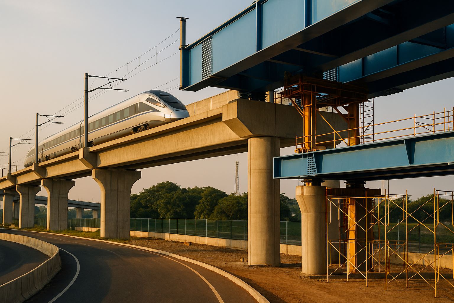 Infrastruktur rel cepat KCJB di Jawa Barat dengan konstruksi jembatan dan jalur layang modern yang menggambarkan dampak KCJB ke konstruksi wilayah sekitar.