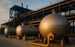 Fasilitas fabrikasi tangki dan vessel industri berstandar ASME, ASTM, dan API dengan pencahayaan lembut menampilkan detail struktur baja dan peralatan logam modern di Indonesia.