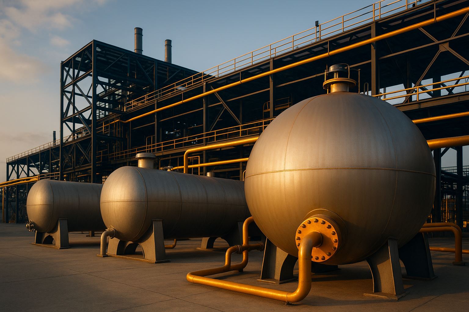 Fasilitas fabrikasi tangki dan vessel industri berstandar ASME, ASTM, dan API dengan pencahayaan lembut menampilkan detail struktur baja dan peralatan logam modern di Indonesia.