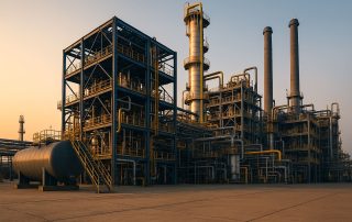 Pabrik manufaktur dan konstruksi modern yang mencerminkan integrasi ISO 9001, ISO 14001, dan ISO 45001 dengan pencahayaan lembut dan struktur baja berstandar internasional.