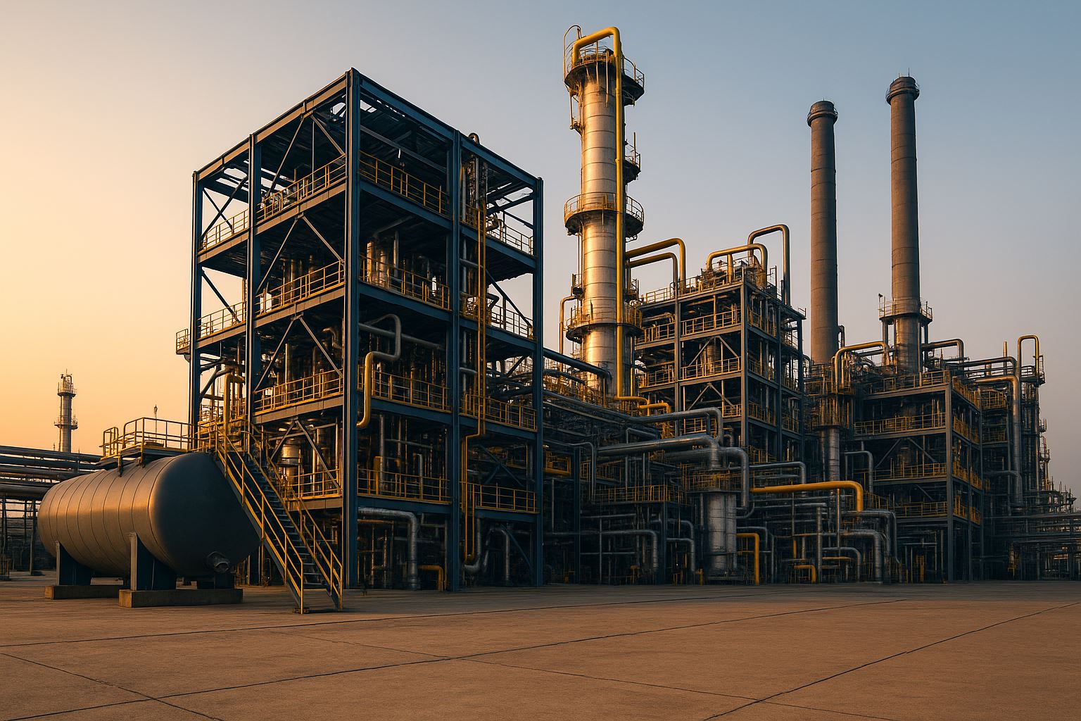 Pabrik manufaktur dan konstruksi modern yang mencerminkan integrasi ISO 9001, ISO 14001, dan ISO 45001 dengan pencahayaan lembut dan struktur baja berstandar internasional.
