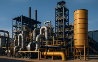 Fasilitas industri modern di Indonesia yang menggambarkan strategi TKDN proyek industri dengan fokus pada desain, manufaktur, dan sistem procurement dalam pencahayaan lembut.