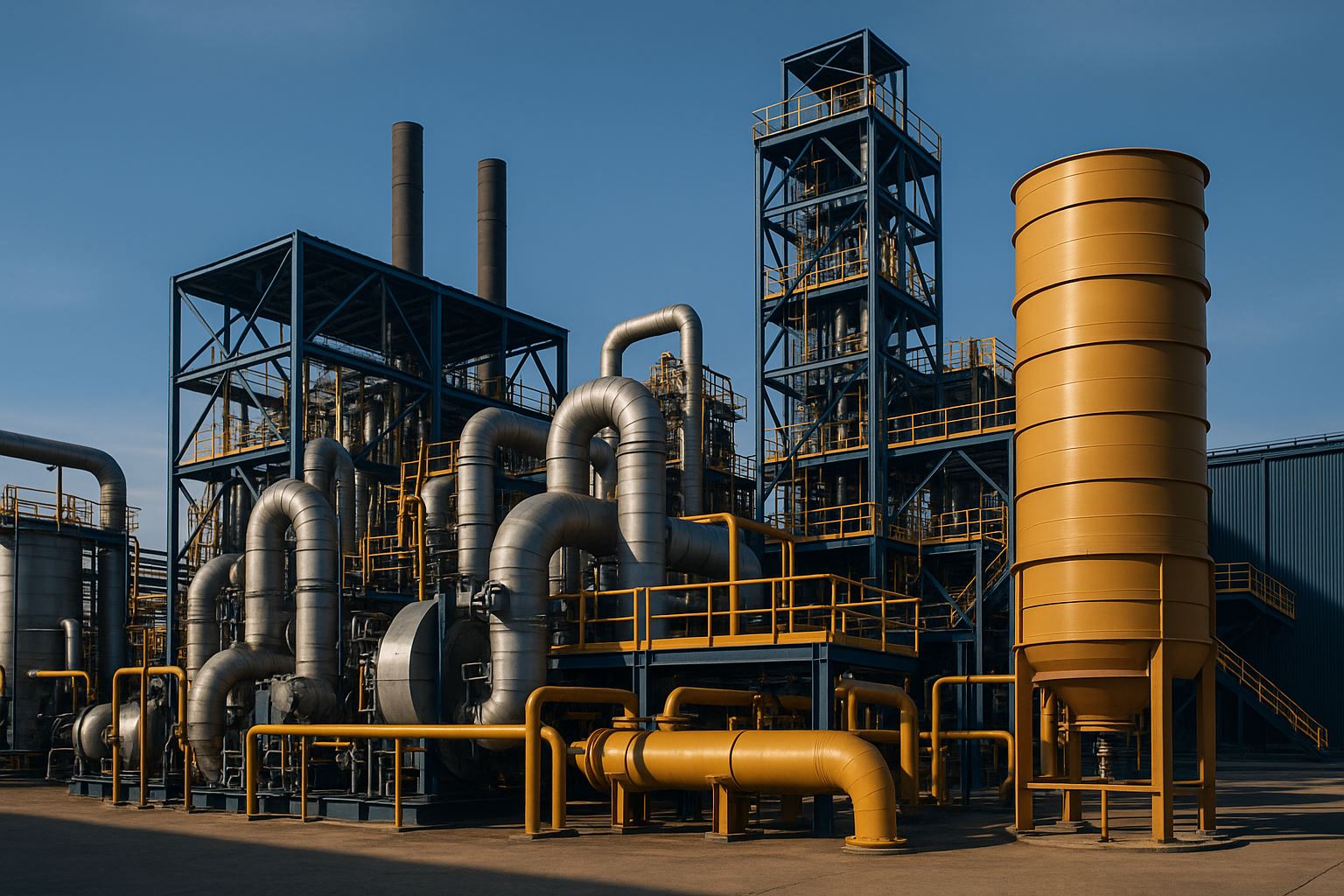 Fasilitas industri modern di Indonesia yang menggambarkan strategi TKDN proyek industri dengan fokus pada desain, manufaktur, dan sistem procurement dalam pencahayaan lembut.