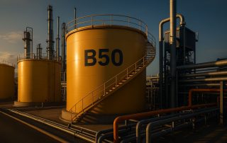 Fasilitas penyimpanan biodiesel modern di Indonesia menampilkan tangki besar dan jaringan pipa industri, menggambarkan transisi biodiesel B50 menuju energi berkelanjutan.