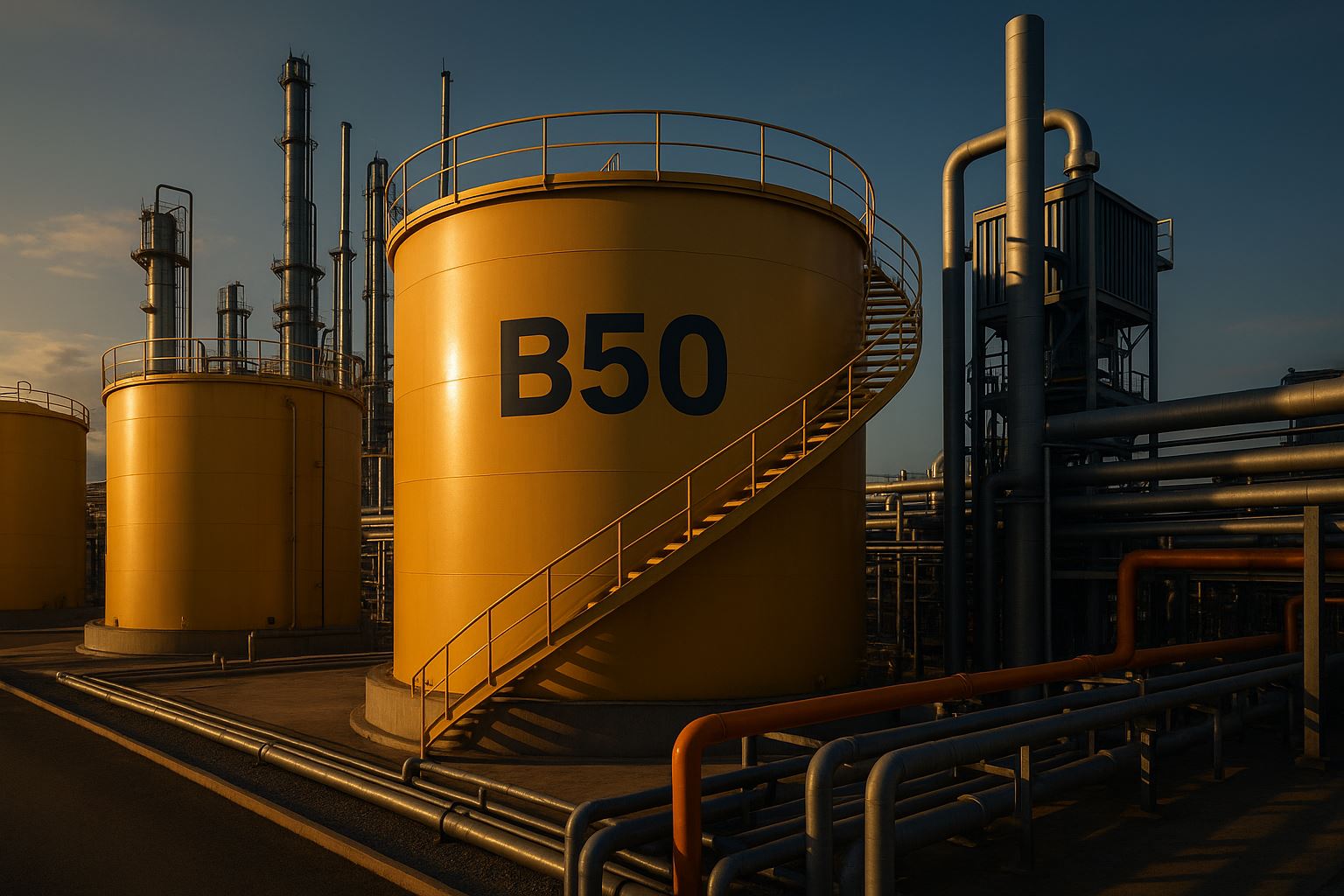 Fasilitas penyimpanan biodiesel modern di Indonesia menampilkan tangki besar dan jaringan pipa industri, menggambarkan transisi biodiesel B50 menuju energi berkelanjutan.