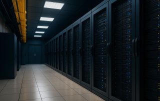 Ruang pusat data modern dengan deretan server aktif dan sistem kabel teratur, menampilkan konsep persyaratan redundansi pusat data untuk keandalan maksimum.