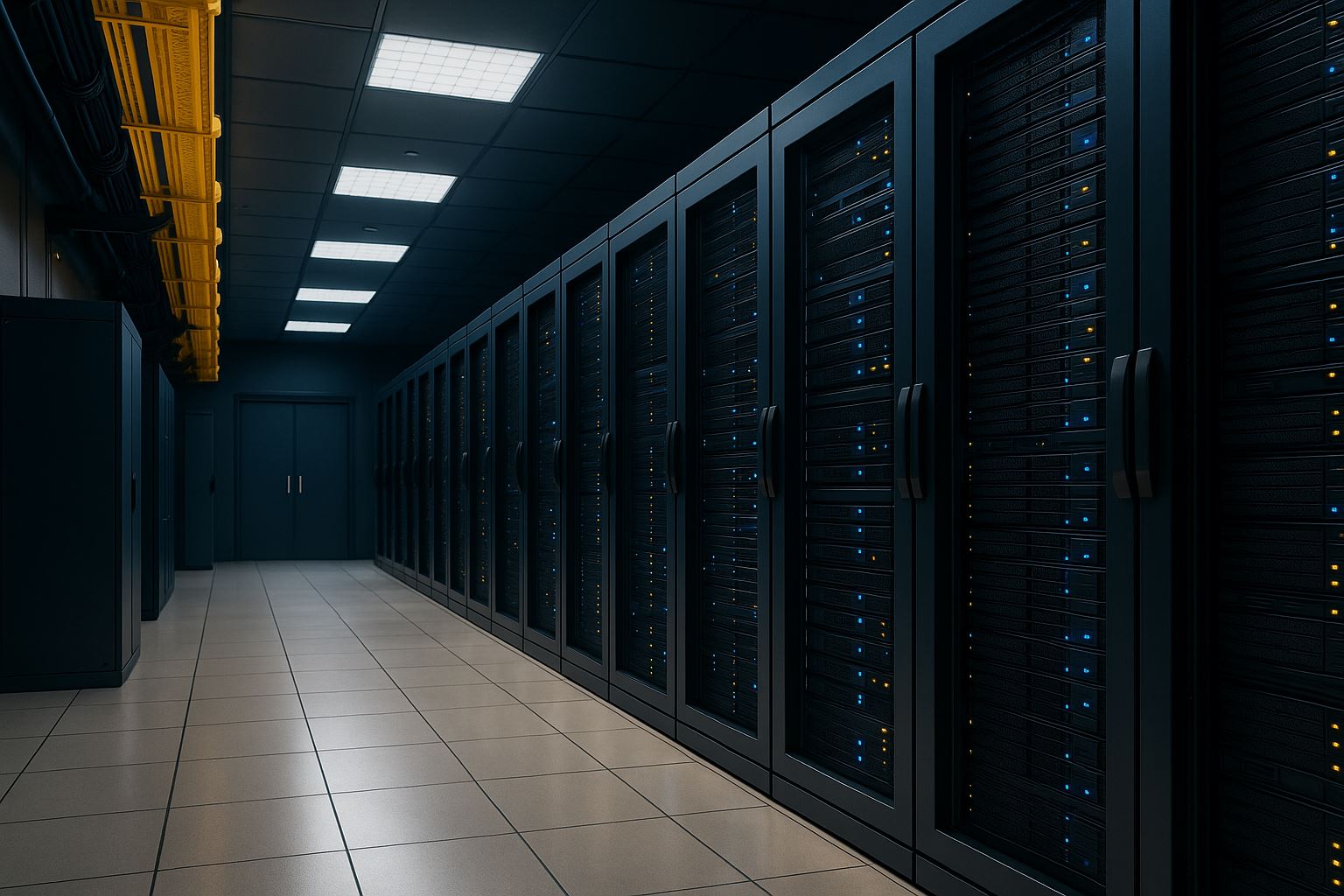 Ruang pusat data modern dengan deretan server aktif dan sistem kabel teratur, menampilkan konsep persyaratan redundansi pusat data untuk keandalan maksimum.