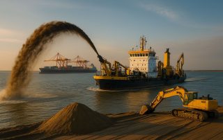 Kapal keruk dan alat berat bekerja di area ekspansi Pelabuhan Patimban, menunjukkan aktivitas pengerukan kanal dan logistik kargo berat di Indonesia.