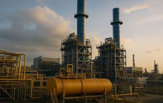 Pembangkit listrik Indonesia dengan sistem co-firing amonia menampilkan infrastruktur modern, tangki penyimpanan, dan pipa industri dalam pencahayaan lembut saat senja.