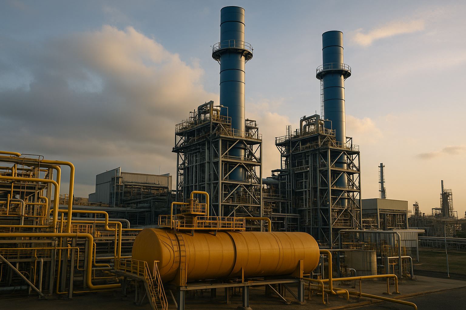 Pembangkit listrik Indonesia dengan sistem co-firing amonia menampilkan infrastruktur modern, tangki penyimpanan, dan pipa industri dalam pencahayaan lembut saat senja.