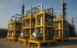 Struktur modular industri modern yang sedang dirakit di area konstruksi dengan pencahayaan lembut, menampilkan sistem pipa dan peralatan presisi sebagai simbol efisiensi modularisasi untuk kurangi durasi shutdown pabrik.