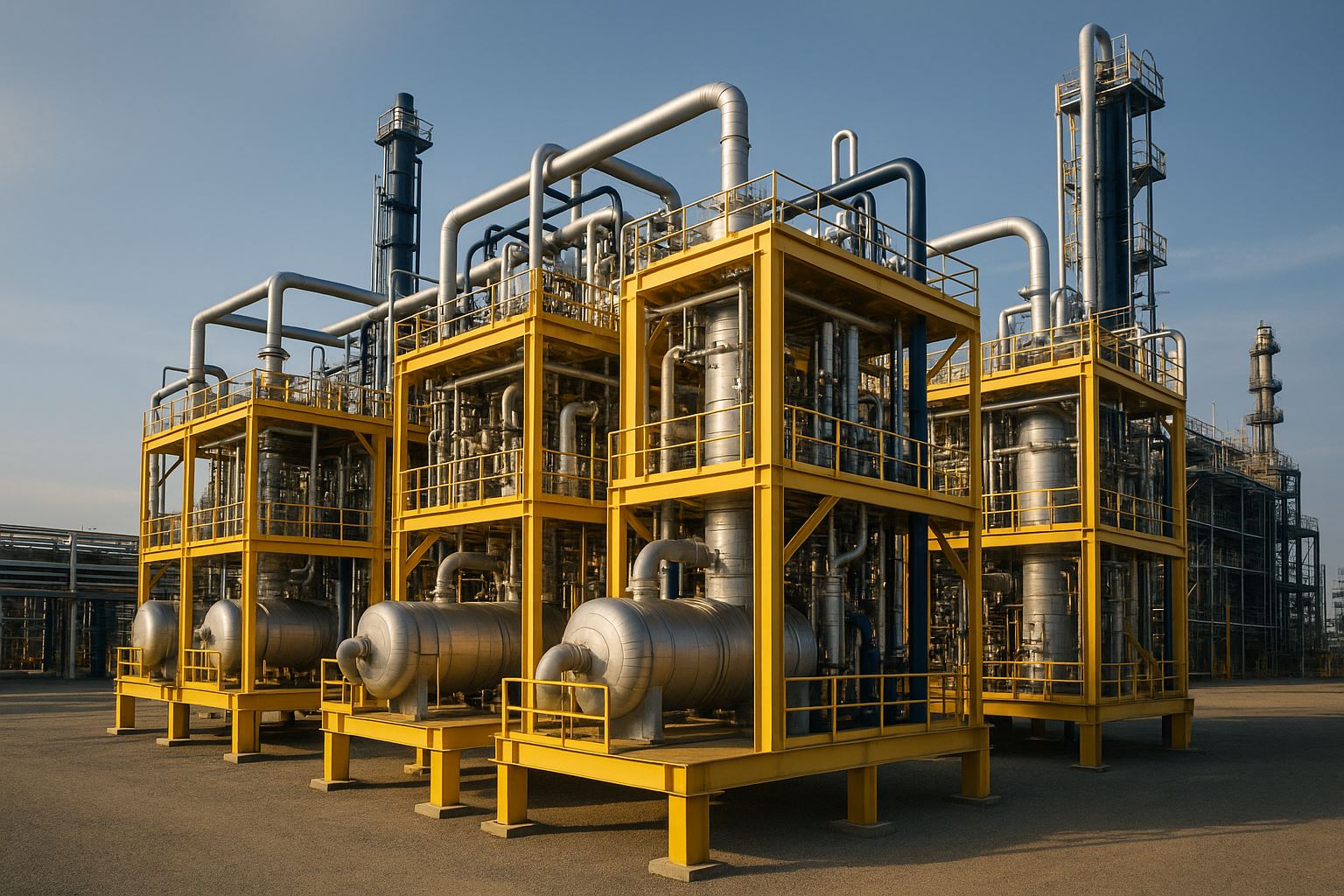Struktur modular industri modern yang sedang dirakit di area konstruksi dengan pencahayaan lembut, menampilkan sistem pipa dan peralatan presisi sebagai simbol efisiensi modularisasi untuk kurangi durasi shutdown pabrik.