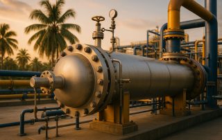 Heat exchanger industri di lingkungan tropis dengan material tahan korosi dan desain sesuai standar TEMA, menampilkan suasana profesional dan pencahayaan lembut alami.