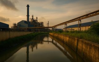 Drainase industri Jabar dengan saluran air beton di kawasan pabrik modern, mencerminkan upaya pengendalian banjir rob dan hujan ekstrem di wilayah Karawang, Jawa Barat.