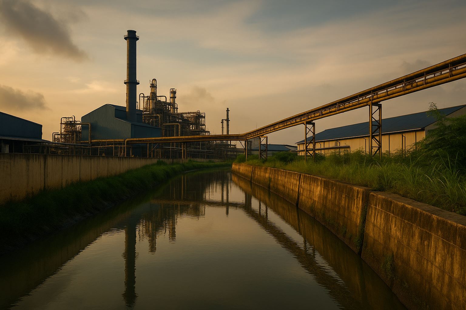 Drainase industri Jabar dengan saluran air beton di kawasan pabrik modern, mencerminkan upaya pengendalian banjir rob dan hujan ekstrem di wilayah Karawang, Jawa Barat.