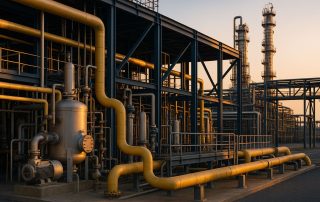 Fasilitas industri proses dengan jaringan pipa, tangki, dan sistem kontrol yang menggambarkan tahap commissioning dari piping test hingga electrical loop, dalam pencahayaan lembut dan komposisi profesional.