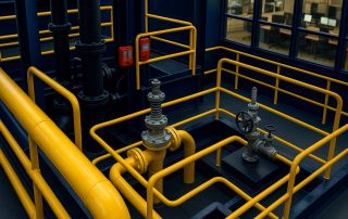 Hazop lopa manajemen risiko pada proyek proses di Indonesia, menampilkan katup keselamatan, pipa berlapis, dan area proteksi berjenjang dengan pencahayaan lembut.