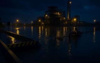 banjir karawang november 2025 pada kawasan industri. genangan menutup saluran drainase dan akses pabrik. sudut rendah menonjolkan refleksi air.