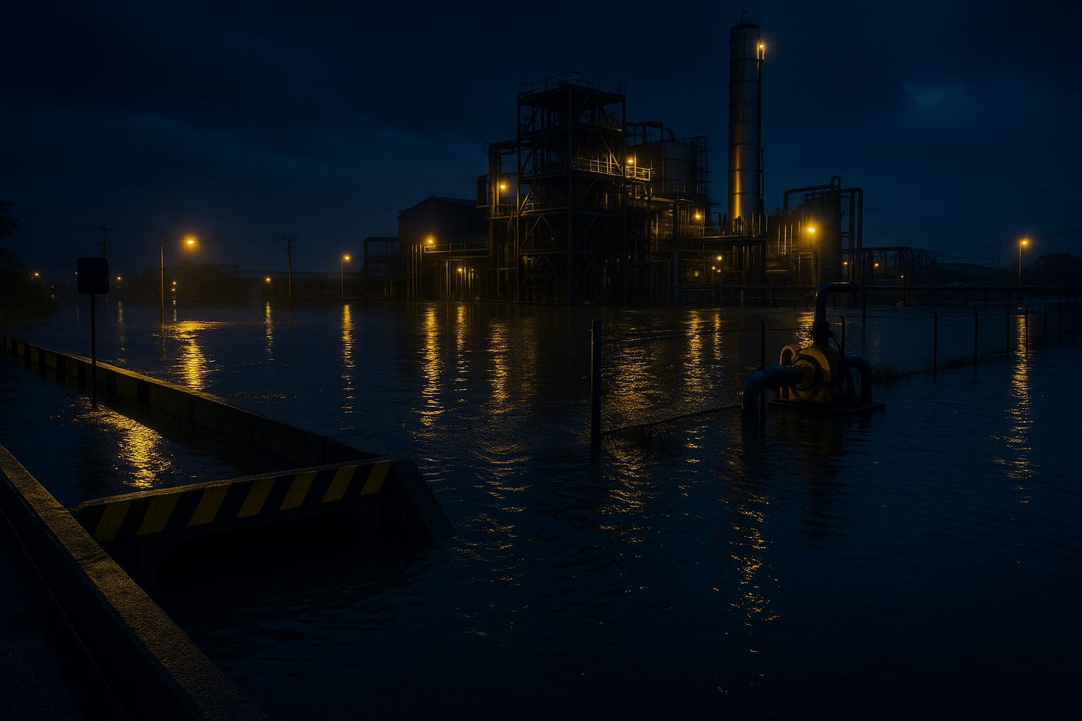 banjir karawang november 2025 pada kawasan industri. genangan menutup saluran drainase dan akses pabrik. sudut rendah menonjolkan refleksi air.