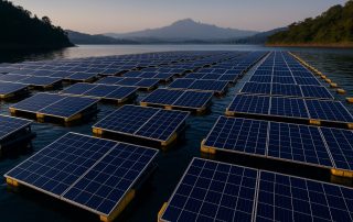 PLTS terapung Saguling Jabar dengan deretan panel surya di atas waduk, sudut rendah dramatis, siap terintegrasi ke jaringan listrik Jawa Barat.