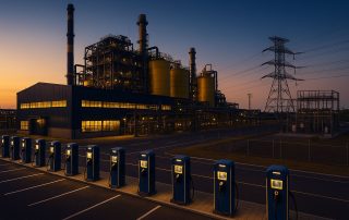 Perluasan stasiun pengisian EV di Indonesia, deretan charger modern berdampingan dengan pabrik dan gardu listrik, pencahayaan lembut, skala industri.