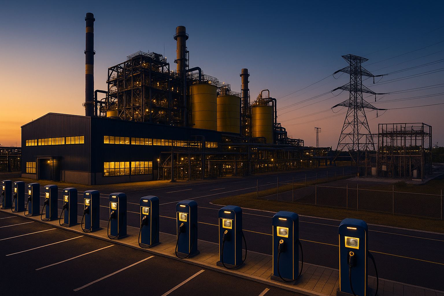 Perluasan stasiun pengisian EV di Indonesia, deretan charger modern berdampingan dengan pabrik dan gardu listrik, pencahayaan lembut, skala industri.
