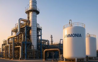 Pemandangan co-firing amonia pembangkit di fasilitas listrik modern, menonjolkan area boiler, pipa, dan tangki amonia dengan pencahayaan lembut, siap adopsi di Indonesia.