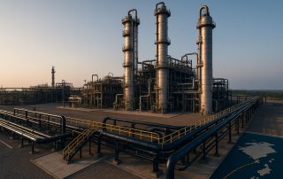 Proyek CCS CCUS Indonesia dengan fasilitas penangkapan dan pipa injeksi CO₂ skala besar dalam pencahayaan lembut, menonjolkan infrastruktur industri modern.