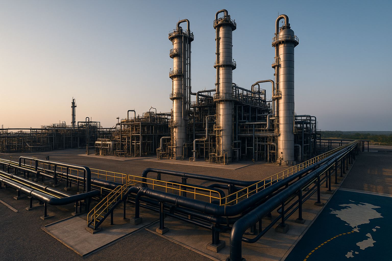 Proyek CCS CCUS Indonesia dengan fasilitas penangkapan dan pipa injeksi CO₂ skala besar dalam pencahayaan lembut, menonjolkan infrastruktur industri modern.