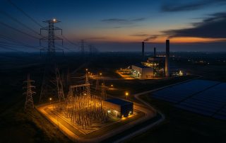 Rencana Listrik Nasional RUPTL digambarkan lewat panorama pembangkit dan jaringan transmisi berkapasitas besar di Indonesia, dalam pencahayaan lembut dan sudut aerial yang dramatis.