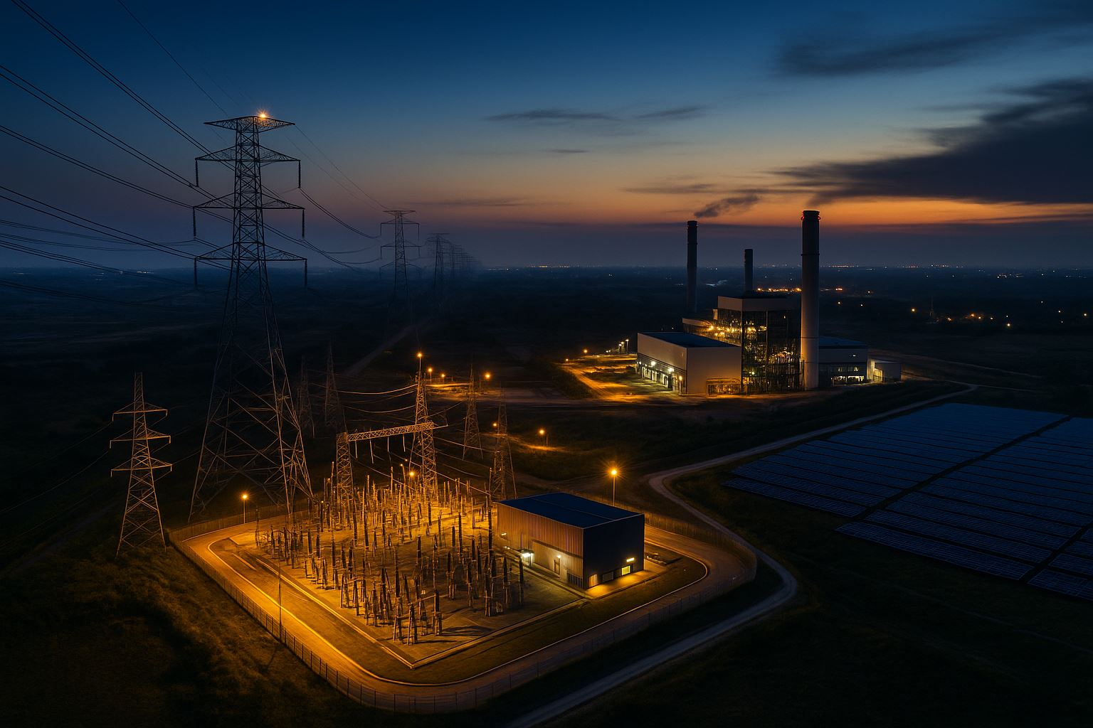 Rencana Listrik Nasional RUPTL digambarkan lewat panorama pembangkit dan jaringan transmisi berkapasitas besar di Indonesia, dalam pencahayaan lembut dan sudut aerial yang dramatis.