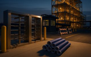 Gerbang akses proyek dan cetak biru di area konstruksi Indonesia dalam pencahayaan lembut. Merefleksikan perizinan berbasis risiko terbaru dan dampaknya pada lead time proyek.