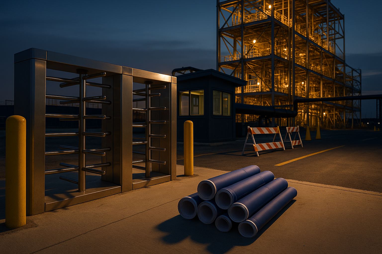 Gerbang akses proyek dan cetak biru di area konstruksi Indonesia dalam pencahayaan lembut. Merefleksikan perizinan berbasis risiko terbaru dan dampaknya pada lead time proyek.