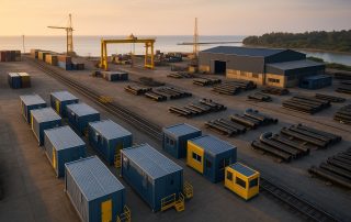 Strategi TKDN proyek industri di Indonesia dengan visual yard modular, pipa, dan crane pelabuhan dalam pencahayaan lembut yang menekankan efisiensi rantai pasok.