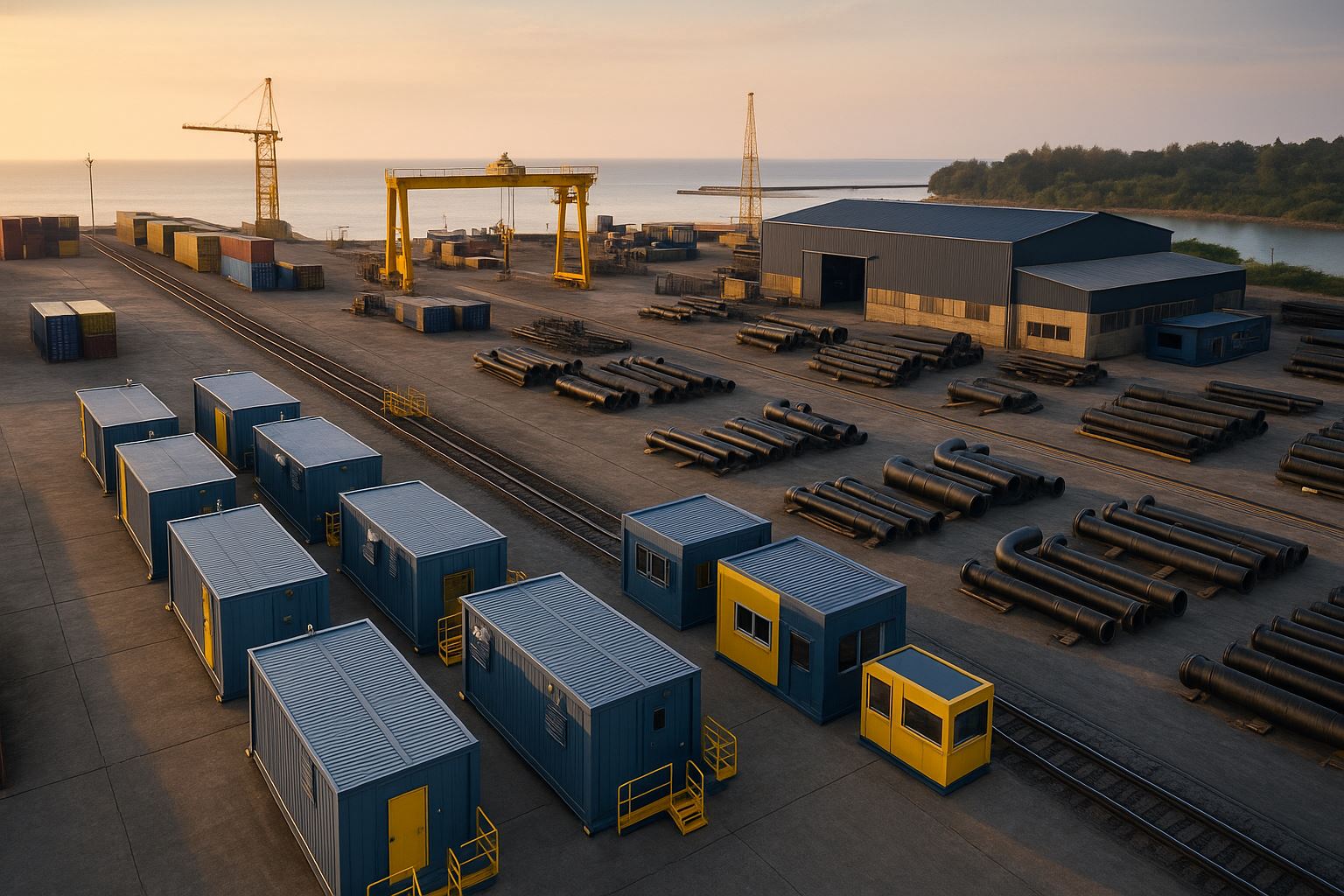 Strategi TKDN proyek industri di Indonesia dengan visual yard modular, pipa, dan crane pelabuhan dalam pencahayaan lembut yang menekankan efisiensi rantai pasok.