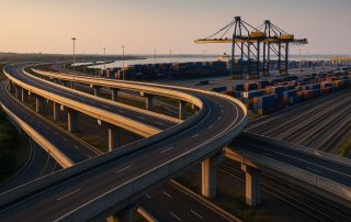 Pendanaan proyek infrastruktur daerah digambarkan lewat simpang susun jalan tol, rel kereta, dan pelabuhan container dalam cahaya lembut, merefleksikan konektivitas dan skala investasi.