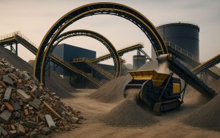 Ekonomi sirkular limbah konstruksi di Indonesia, menampilkan fasilitas pemilahan dan daur ulang C&D dengan konveyor melengkung dan crusher, pencahayaan lembut.