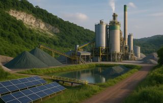 Tren green cement Indonesia digambarkan melalui pabrik semen rendah karbon dengan silo modern, panel surya, dan kolam daur ulang air dalam pencahayaan lembut.