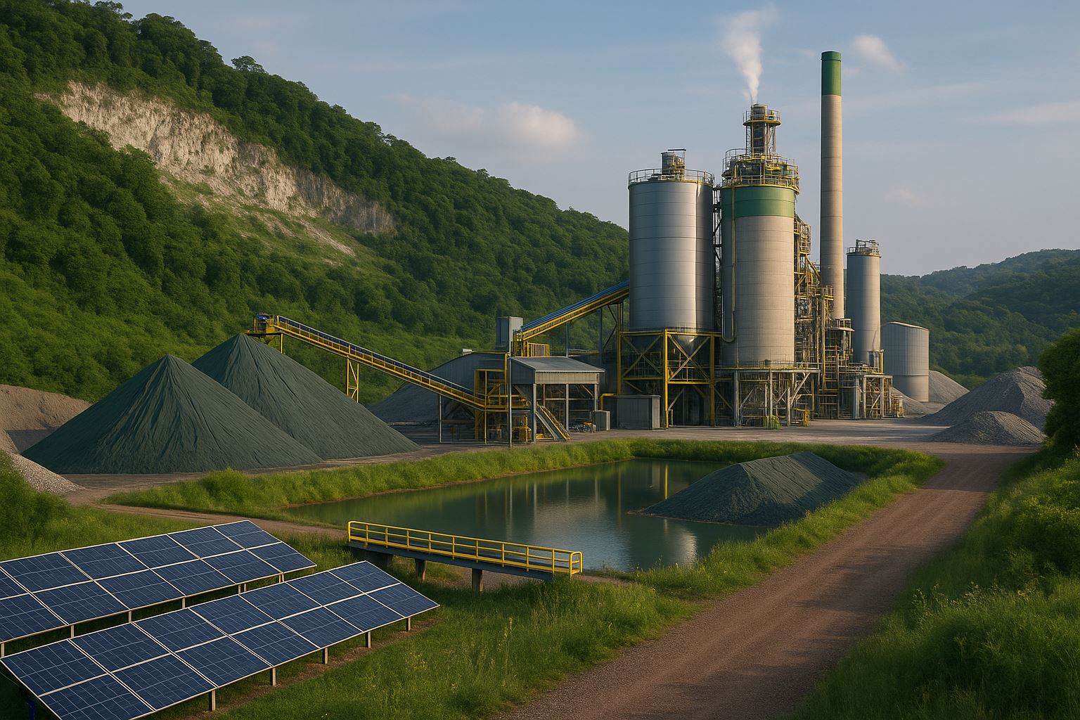 Tren green cement Indonesia digambarkan melalui pabrik semen rendah karbon dengan silo modern, panel surya, dan kolam daur ulang air dalam pencahayaan lembut.