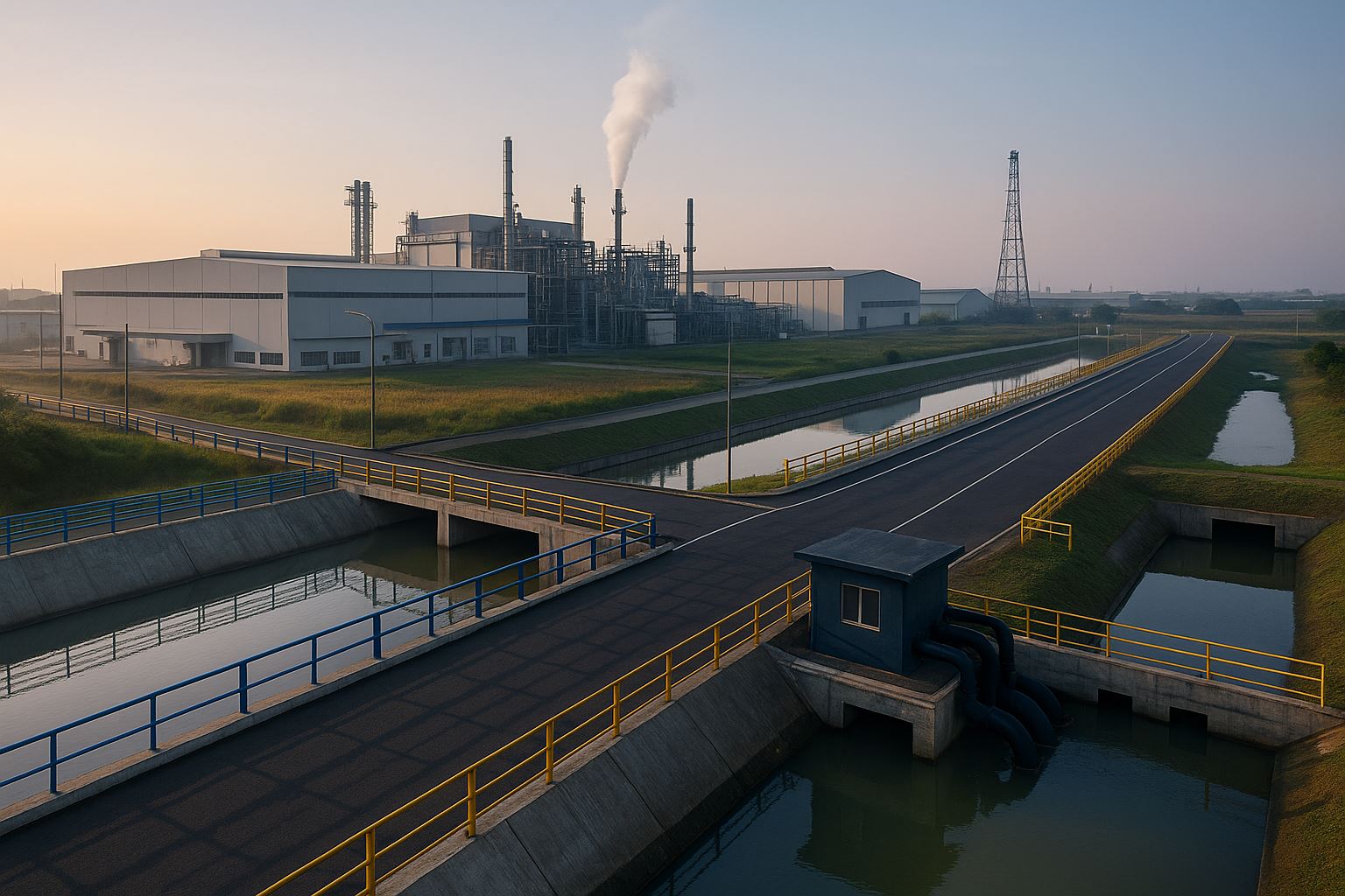 Mitigasi banjir kawasan industri di Jawa Barat dengan kanal drainase, kolam retensi, dan rumah pompa, memotret kesiapan manufaktur menghadapi musim hujan.