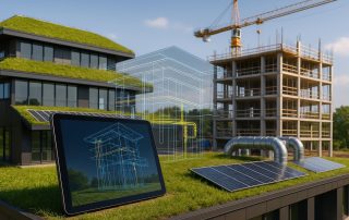 Adopsi BIM bangunan hijau di Indonesia, menampilkan gedung hemat energi dengan atap hijau, panel surya, dan model 3D BIM transparan sebagai visualisasi desain.