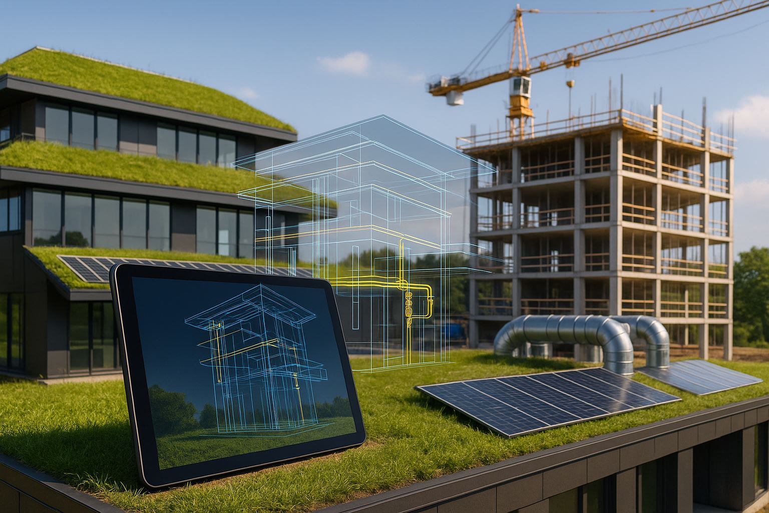 Adopsi BIM bangunan hijau di Indonesia, menampilkan gedung hemat energi dengan atap hijau, panel surya, dan model 3D BIM transparan sebagai visualisasi desain.