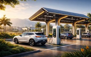 Stasiun pengisian kendaraan listrik modern di Jawa Barat yang mencerminkan ekosistem pengisian EV Indonesia, terintegrasi dengan energi terbarukan dan infrastruktur industri masa depan.