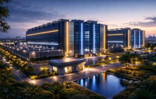 Kompleks pusat data nasional Cikarang dengan bangunan modern dan pencahayaan senja, merepresentasikan kesiapan infrastruktur data strategis Indonesia menuju tata kelola industri 2026.